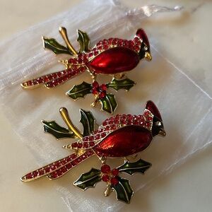 Christmas Red Cardinal Brooch Set with Green Holly